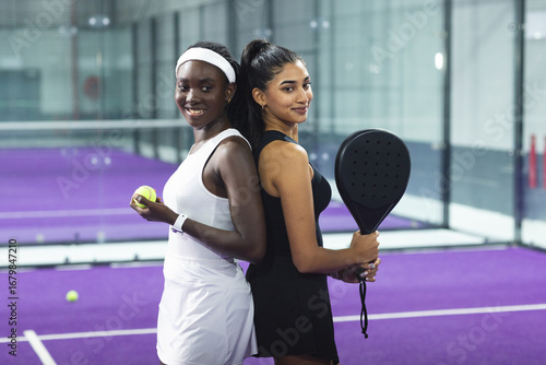 Diverse female athletes standing back-to-back on paddle court with rackets with balls near net