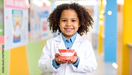 Young girl holding model teeth