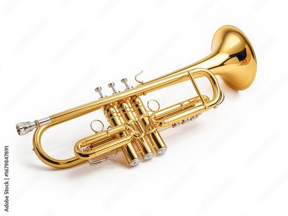 Obraz premium Brass Trumpet Isolated on White Background – Classical and Jazz Music Instrument Stock Photo