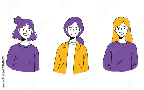 Smiling diverse women with colorful hair in modern, vibrant style vector illustration