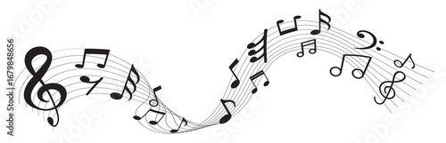 Music notes wave set, group musical wave abstract background. Music notes icon set. Musical notes stave, line pattern. musical note wave music notes melody silhouette vector. abstract musical notes 