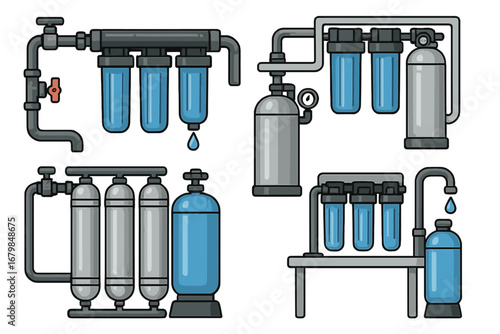 Water filter system icon set. Home water purification, reverse osmosis, and treatment technology. Vector illustration of plumbing equipment for clean drinking water supply.