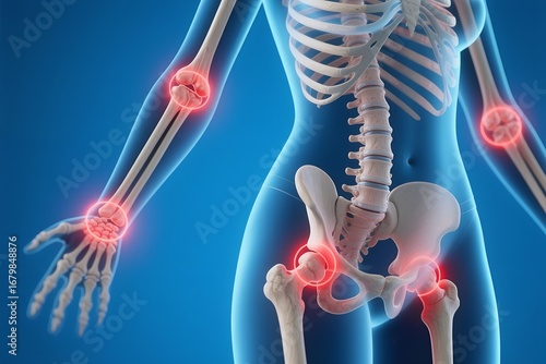 Elegant medical illustration showcasing joint pain in wrist, elbow, shoulder, and hip for health education or advertising, vibrant and dynamic