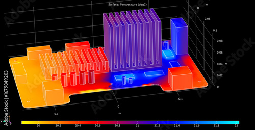 Φωτογραφία Computer 3d modeling of temperature distribution 
on surface of printed circuit
board of electronic device and pcb components
(capacitor, integrated circuit, radiator)