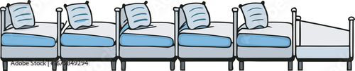 Artistic sketch of five beds lined up with blue pillows and blankets showing progression