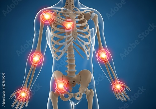 Human skeleton model with red glowing joints for medical illustration or arthritis awareness campaigns, showcasing joint pain and inflammation