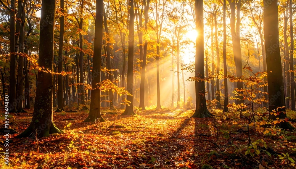 Fototapeta premium Sunlight streams through a forest in autumn. Golden leaves blanket the forest floor