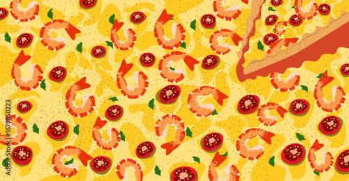 An illustration of an appetizing seafood pizza