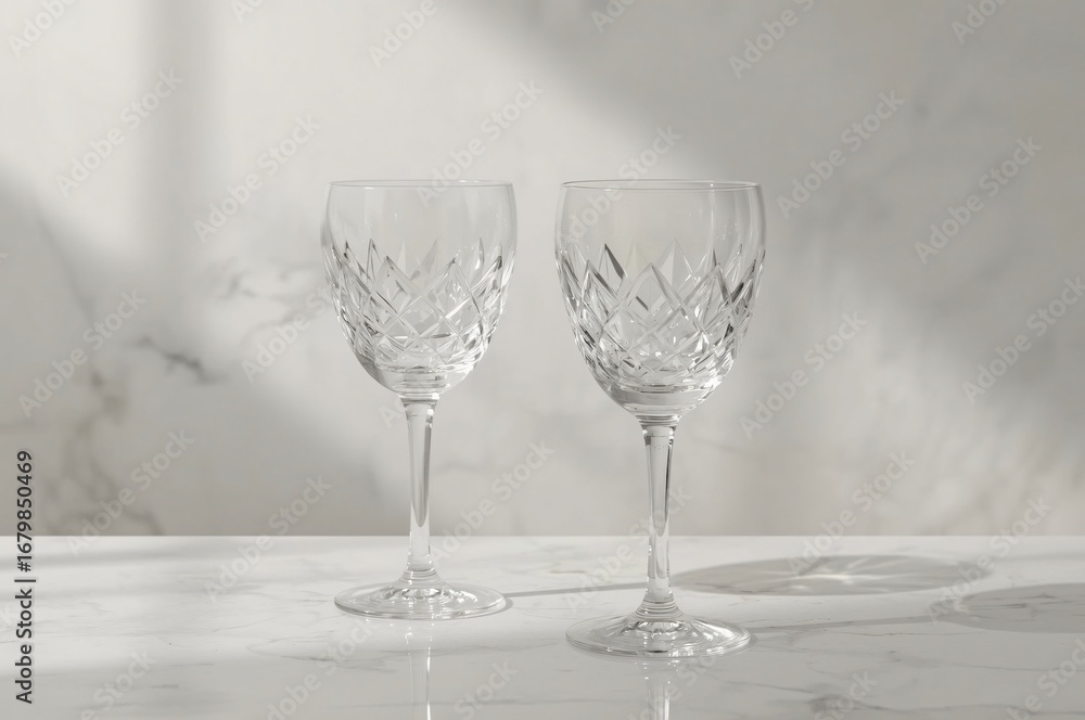 Fototapeta premium Crystal wine glasses on marble, sunlit background, elegant setting