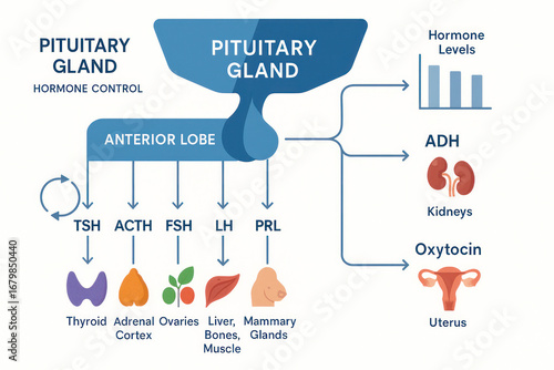 Pituitary Gland Hormone Control Diagram, Illustration of Hormones and Target Organs [Illustration]