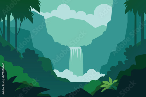 Cartoon illustration of a vibrant jungle waterfall surrounded by lush greenery and tropical plants