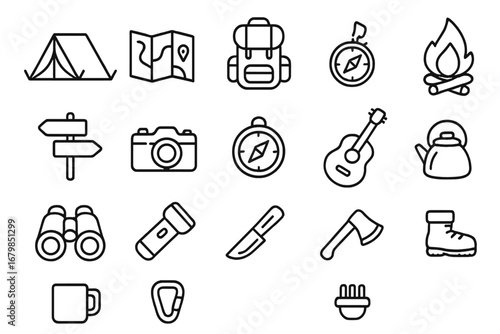 Camping, hiking, outdoor adventure line icon set. Backpacking essentials outline collection. Vector symbols for travel, tourism, nature exploration, trekking equipment, and gear.