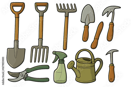 Gardening tools set vector illustration. Garden equipment collection for farming, planting, and outdoor work. Cartoon icons of shovel, rake, fork, watering can, pruner.