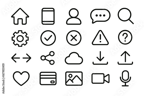 Web and mobile app UI line icon set. Essential interface pictogram collection. Home, user, chat, search, settings, share, download, upload, cloud, payment, media symbols.