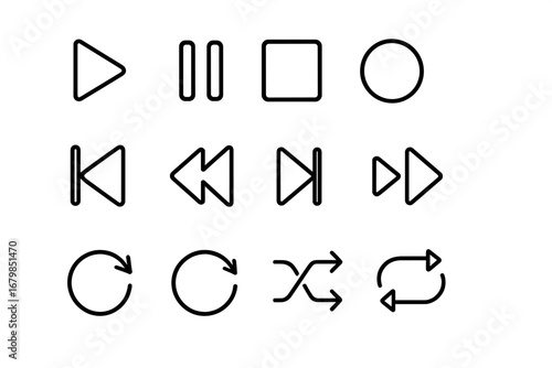 Media player control icon set. Minimalist line art symbols for UI UX design. Play, pause, stop, record, rewind, forward, skip, repeat, shuffle buttons for web and app.