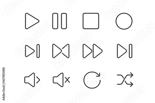 Collection of playback control icons for digital media. Minimalist black outline style vector illustration. UI/UX elements for music and video player apps and websites.
