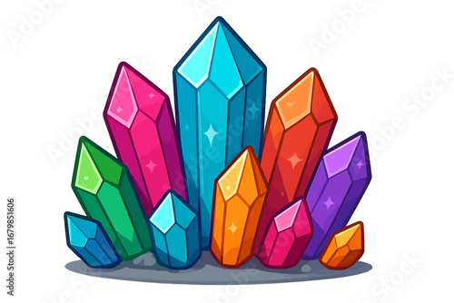 Colorful crystal gem cluster vector cartoon. Shiny precious mineral stone collection. Magic fantasy treasure illustration. Geology jewelry concept. Isolated sparkling icon asset.