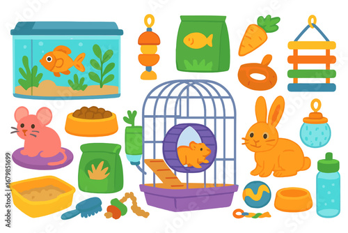 Pet shop vector icon set. Cute cartoon illustration of domestic animals, rabbit, hamster, fish. Pet care supplies, food, toys, cage, aquarium. Vet store concept.