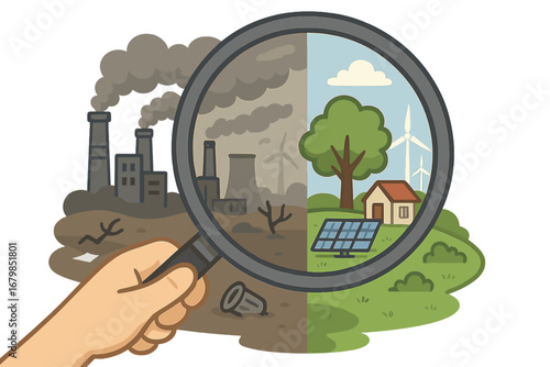 Environmental choice between pollution and clean energy. Hand with magnifier reveals contrast of a dirty factory landscape and a green sustainable future with solar panels.