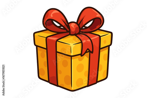 Yellow cartoon gift box with a big red ribbon bow. Vector illustration of a present for a celebration, surprise, birthday, Christmas, or anniversary. Isolated holiday package icon.