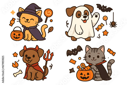 Set of cute Halloween cat and dog characters in costumes. Vector cartoon animals dressed as witch, ghost, devil, Dracula with pumpkin basket, candy for trick or treat party.