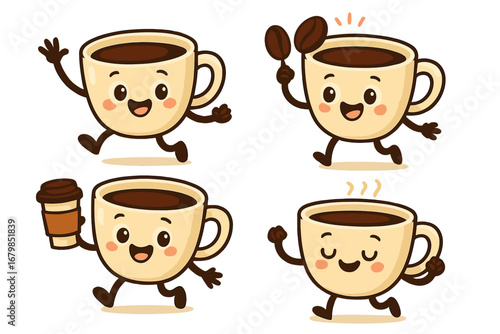 Set of cute coffee cup characters. Kawaii cartoon mascots with smiling faces. Happy emoji for cafe menu, coffee shop branding. Vector illustration of a friendly drink.