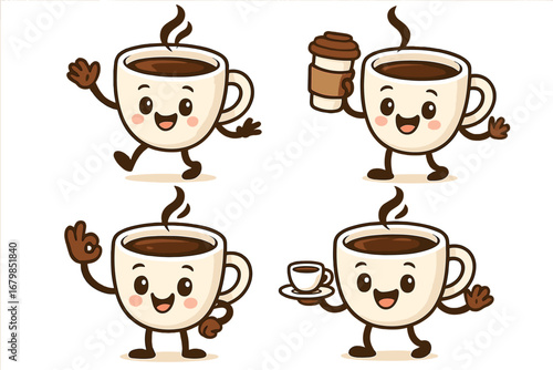 Cute coffee cup character mascot set. Happy cartoon mug with smiling face in different poses for cafe or coffee shop. Kawaii coffee break icon collection. Vector illustration.