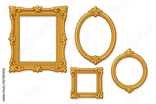 Golden picture frames set. Vintage baroque borders for art, photo, or mirror. Classic ornate rococo decoration for gallery wall. Rectangle, oval, square shapes. Vector.