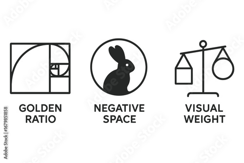 Golden ratio, negative space, visual weight icons. Graphic design principles vector set. Outline symbols for balance, harmony, composition. Fibonacci spiral, rabbit, scales.