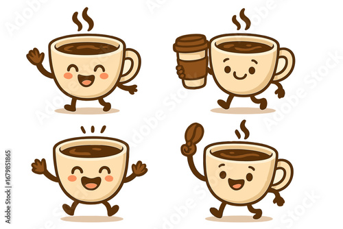 Set of cute coffee cup characters. Funny cartoon kawaii mascots with smiling faces. Happy hot beverage for cafe menu or coffee break. Vector illustration collection isolated.