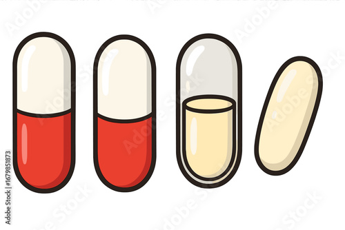 Vector set of medical pills, capsules, and tablets. Cartoon pharmaceutical drug icons for healthcare and pharmacy. Red and transparent vitamin or supplement illustration.