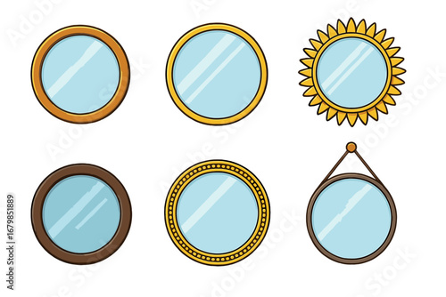 Collection of round mirrors with diverse frames. Vector cartoon set with classic, sunburst, and hanging styles. For interior design, home decor, and furniture concepts.