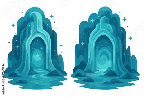 Magic waterfall portal vector illustration set. Mystical glowing fantasy cave entrance with falling water and stars. Ethereal surreal landscape element for game design concept.