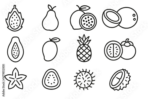 Exotic fruit outline icon set. Tropical fruits linear collection. Vector icons for pitaya, mango, papaya, pineapple, durian, coconut, passion fruit, guava, carambola.