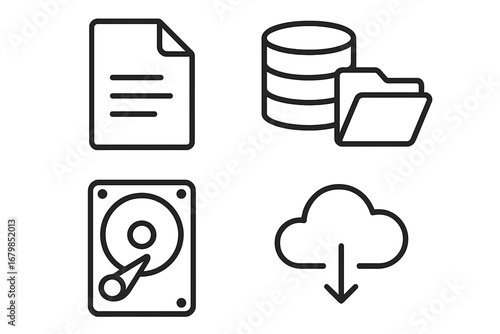 Data storage and file management linear icon set. Vector outline symbols for database, folder, document, hard drive, and cloud download. Digital information technology concept.