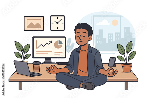 Man meditating on office desk for stress relief. Businessman practicing yoga for work-life balance and mental health. Employee finding calm and peace in a modern workspace.