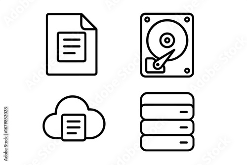 Data storage linear icon set. File, document, hard drive, and server outline symbols. Cloud computing and database vector icons for web, app, and technology concepts.