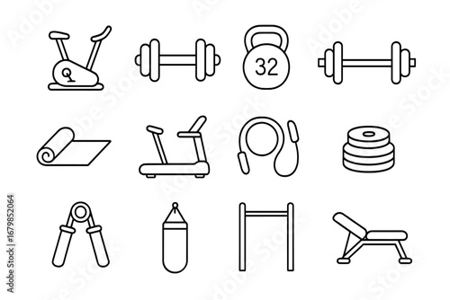 Fitness equipment outline icon set. Gym workout tools linear collection. Vector sport symbols for training, bodybuilding and exercise. Dumbbell, kettlebell, treadmill icons.