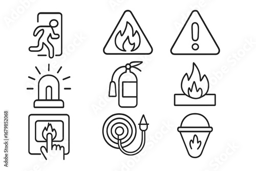 Fire safety linear icon set. Emergency hazard warning signs collection. Vector outline illustration of extinguisher, alarm, fire exit, hose, and alert symbols for safety.