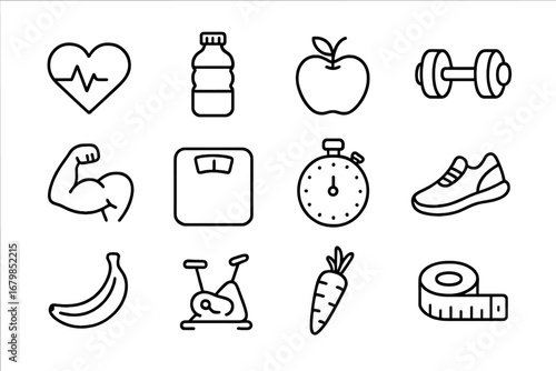 Health and fitness line icon set. Healthy lifestyle, wellness, and nutrition symbols. Exercise, workout, and gym equipment outline icons. Vector collection for diet and sport.