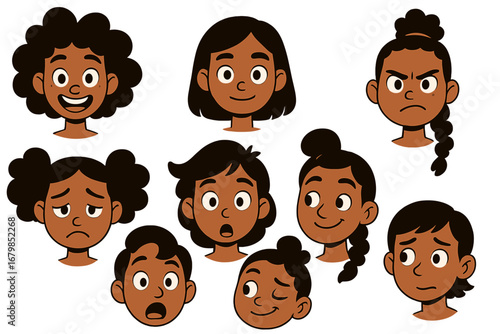 Black kids character constructor set. Diverse african american children heads with various facial expressions and hairstyles. Cartoon vector illustration for animation or avatar.