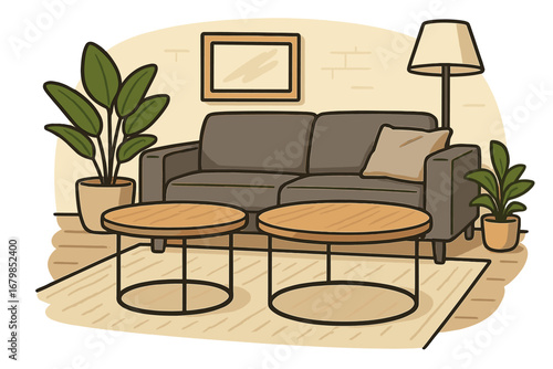 Modern living room interior with cozy sofa, wooden coffee tables, and plants. Home decor furniture concept. Stylish house apartment illustration. Vector cartoon flat design.