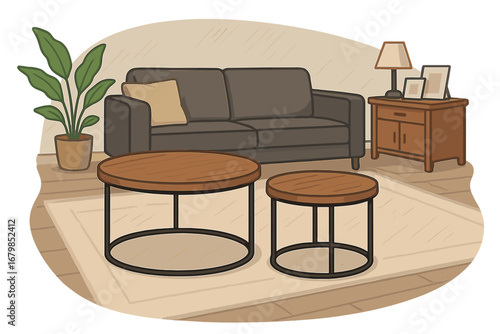 Modern living room interior design with stylish furniture. Vector illustration of a cozy home scene with sofa, round wooden coffee tables, plant, and lamp. Cartoon home decor.