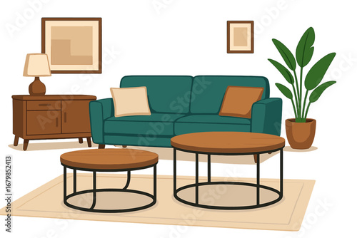 Modern living room interior with cozy furniture set. Vector cartoon illustration of a stylish home with sofa, coffee tables, and houseplant. Mid-century flat design concept.