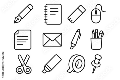 Office supplies linear icon set. Essential business and school stationery outline icons. Vector collection for web, UI, and creative projects. Workplace tools illustration.