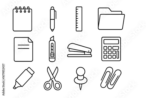 Office supplies linear icon set. Essential stationery outline icons collection. Business tools for work and school. Vector line art pictogram illustration. Minimalist design elements.