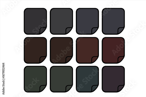 Set of peeling stickers with curled corners. Blank square labels in a dark muted color palette. Vector illustration template for tags, notes, or web buttons. Icon collection.