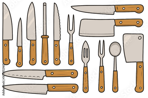 Large vector set of kitchen knives and tools. Professional cooking and butchery cutlery collection. Cartoon illustration with chef's knife, cleaver, santoku, fork, spoon, sharpener.