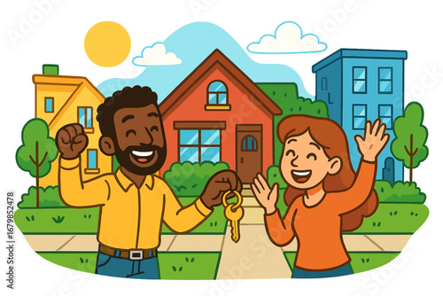 Happy couple buying new house. Real estate agent gives keys to woman. Property ownership celebration. Home mortgage loan success. Vector cartoon illustration of new homeowners.