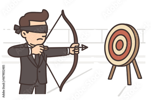 Blindfolded businessman aiming a bow and arrow. Business metaphor for risk, challenge, uncertainty, and strategy. Archery concept for goals, ambition, and focus without vision.
